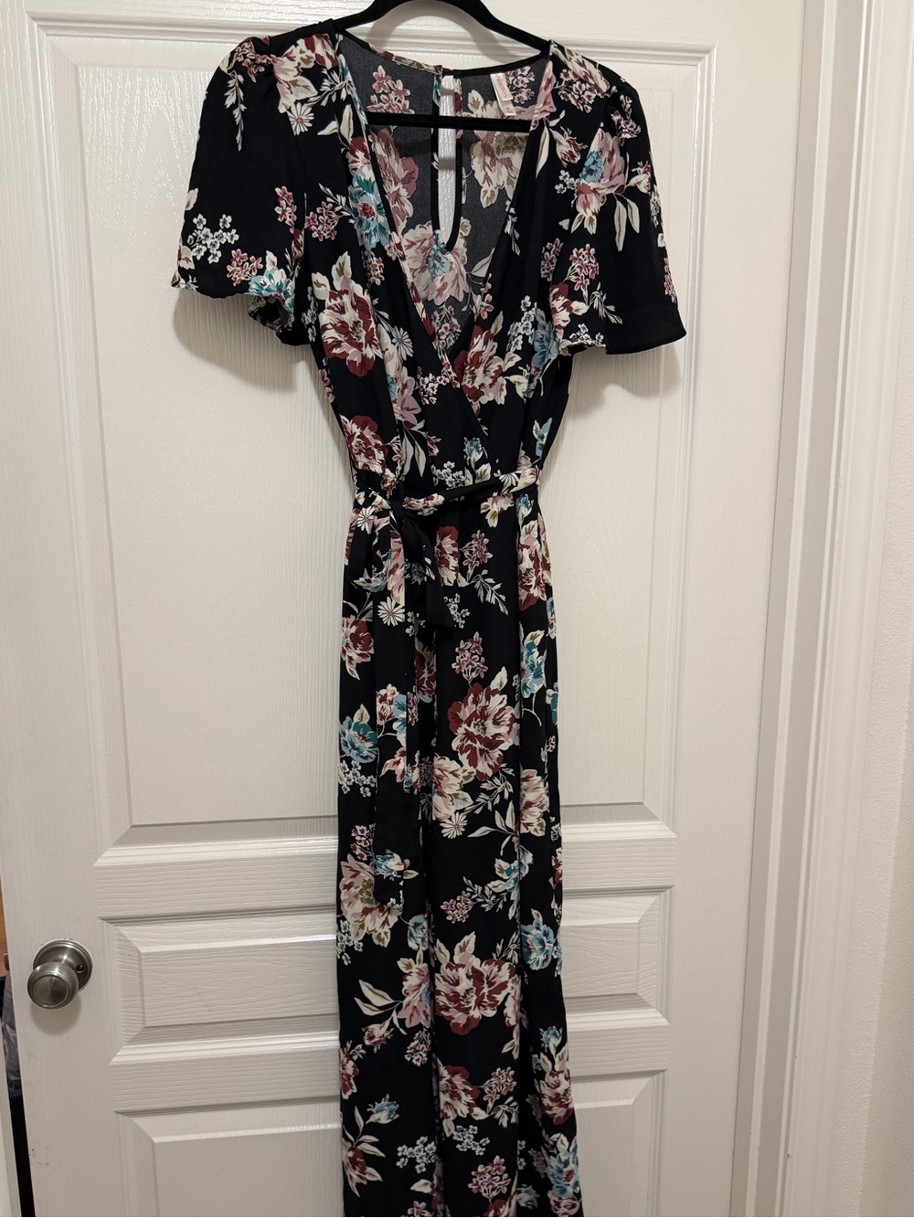 Floral Wrap Maxi Jumper in Black with Multi-Color Blooms